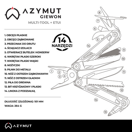 Multitool AZYMUT Giewon 14 narzędzi kabura