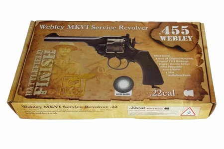 Rewolwer wiatrówka WEBLEY MKVI .455 Service kal.5,5 mm Diabolo łuski 6-strzałowy lufa 6" Battlefield CO2 Ekp do17J